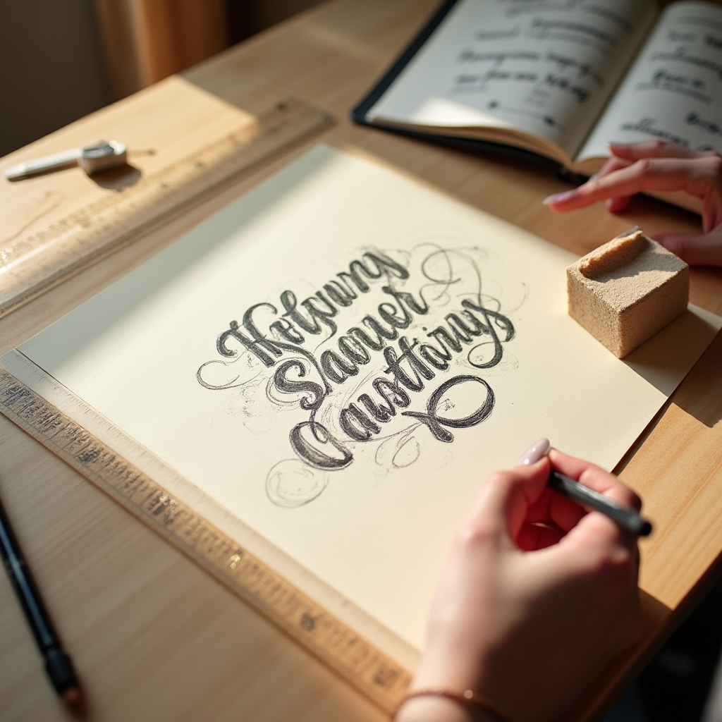 Exemplu de compoziție caligrafică cu citat decorativ și elemente ornamentale